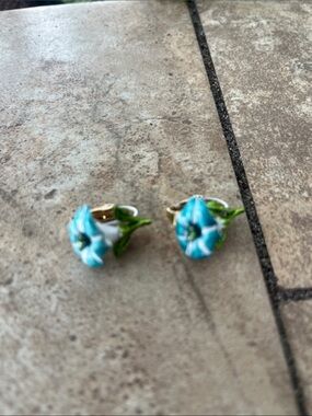 Blue Floral Enamel Clip-On Earrings